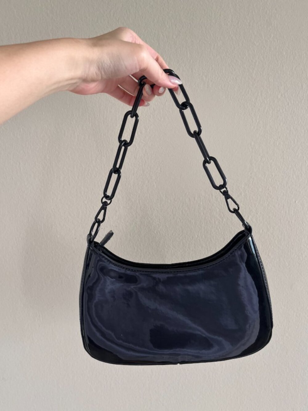 Topshop Sadie Black Mirrored Patent Chain Shoulder Bag Y2K - Picture 3 of 5
